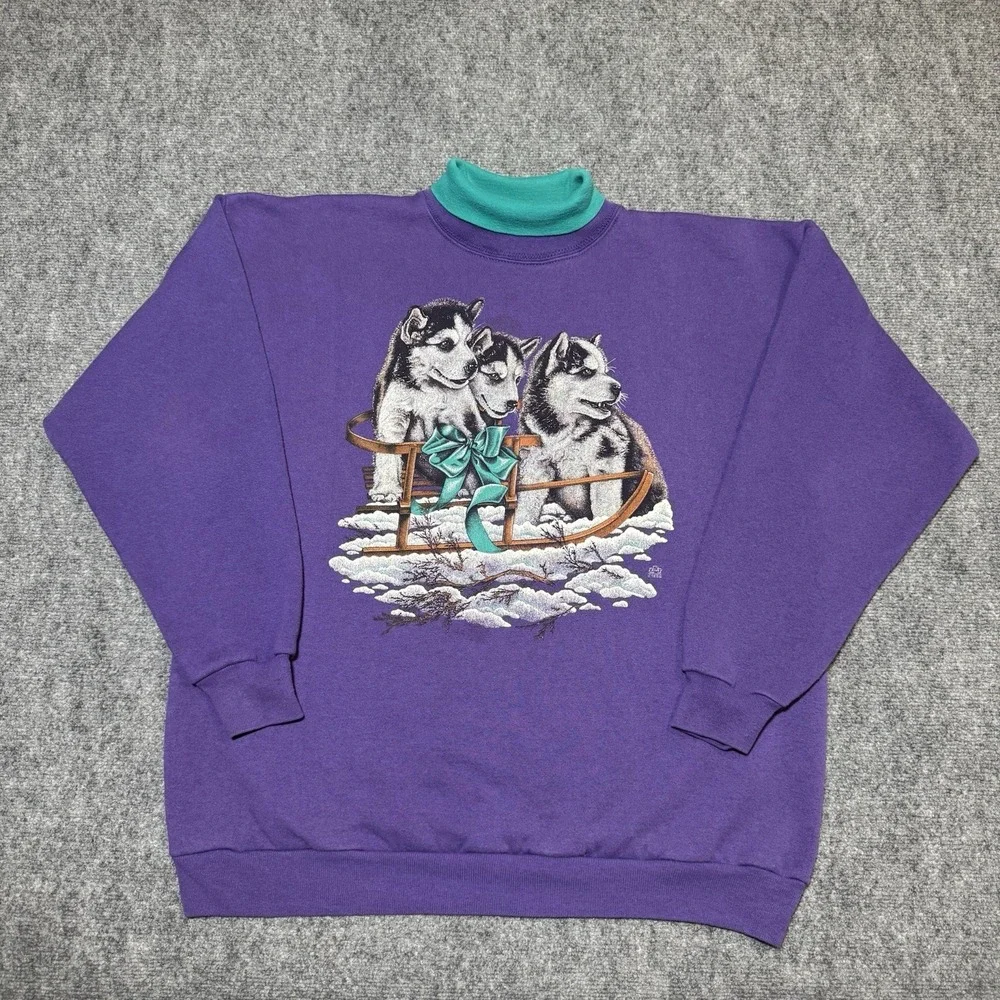 98' LSJ Sportwear Grandma Turtleneck Pullover Dog Puppies Purple Cotton Grove XL